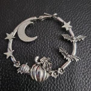 Fall Halloween silver hoop earrings with crescent moons, stars, bats & pumpkins